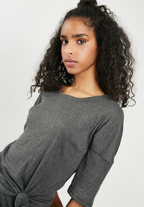 Missguided - Ribbed short tie front lounge set - charcoal