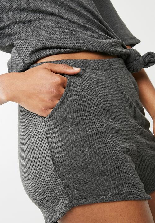 Missguided - Ribbed short tie front lounge set - charcoal