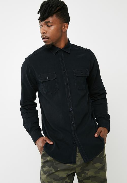 black distressed denim shirt