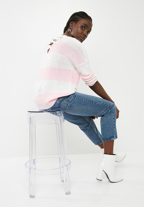 ONLY - Peyton lace up pullover knit - pink & white 
