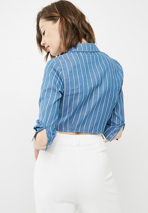 Missguided - Striped tie front shirt - blue & white