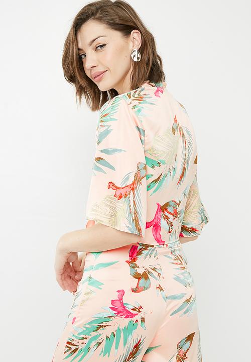 Missguided - Tropical print satin tie front top - multi
