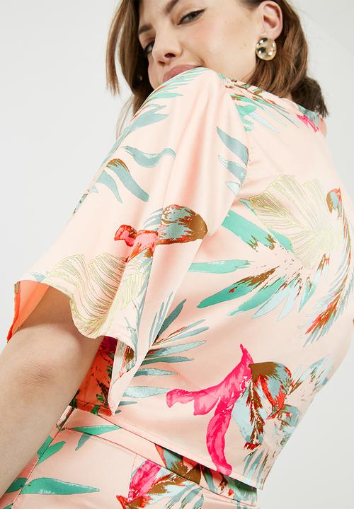 Missguided - Tropical print satin tie front top - multi