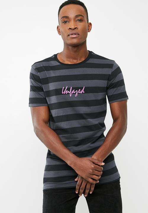 basicthread - Striped graphic crew neck tee - black & grey 