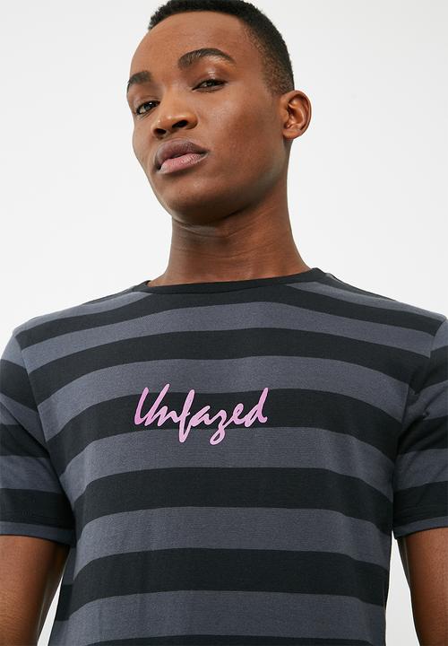 basicthread - Striped graphic crew neck tee - black & grey 