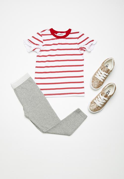 dailyfriday - Kids girls frill sleeve tee - red & white 