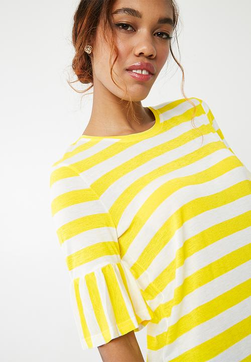 Noisy May - Heather short sleeve  frill top - yellow & white 