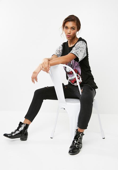 Noisy May - Sally sequin short sleeve top - black 