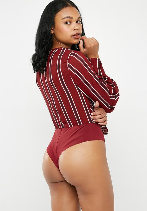 Missguided - Striped drape plunge bodysuit - burgundy