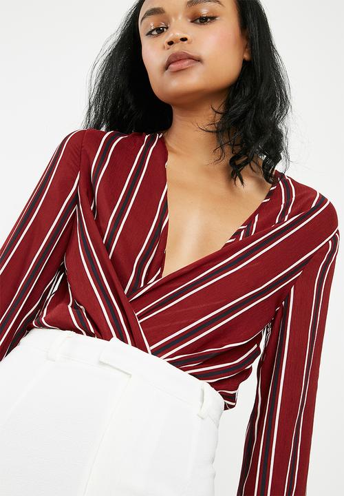 Missguided - Striped drape plunge bodysuit - burgundy