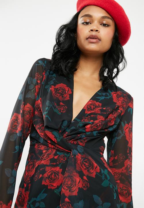 Missguided - Floral twist thigh split maxi dress - black 