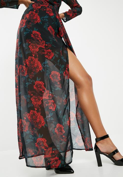Missguided - Floral twist thigh split maxi dress - black 