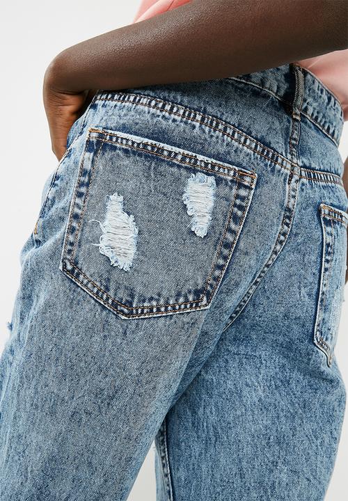 dailyfriday - Hi waist slim distressed mom jean - blue