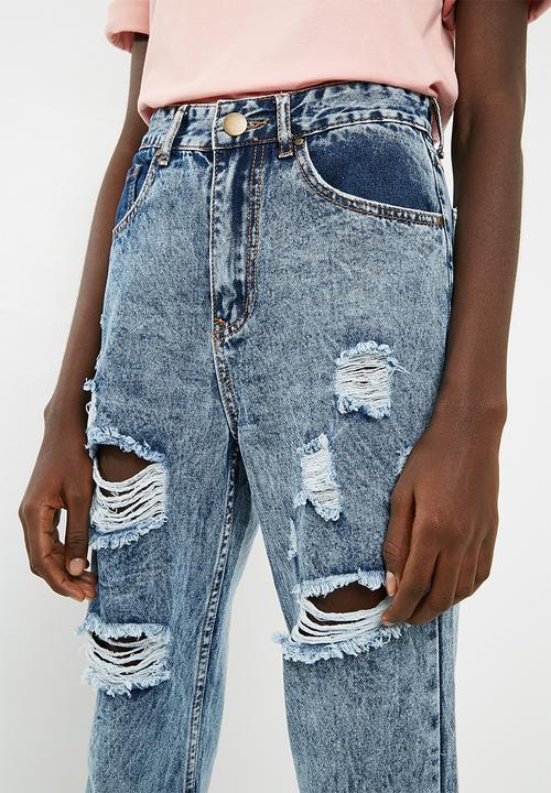 dailyfriday - Hi waist slim distressed mom jean - blue