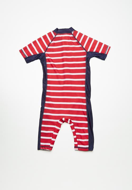 MINOTI - Kids boys red stripe rash all in one - red 