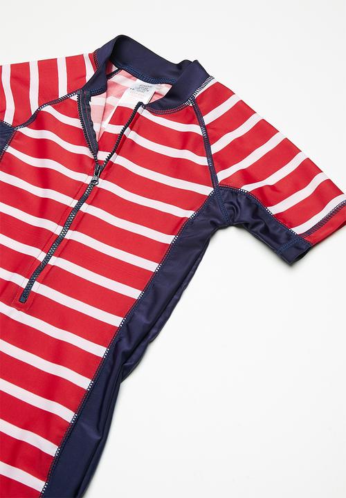 MINOTI - Kids boys red stripe rash all in one - red 