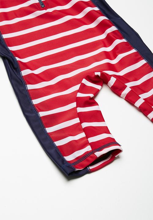 MINOTI - Kids boys red stripe rash all in one - red 