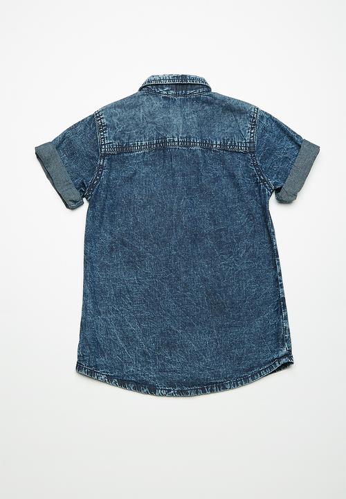 MINOTI - Kids boys washed denim short sleeve shirt - blue 