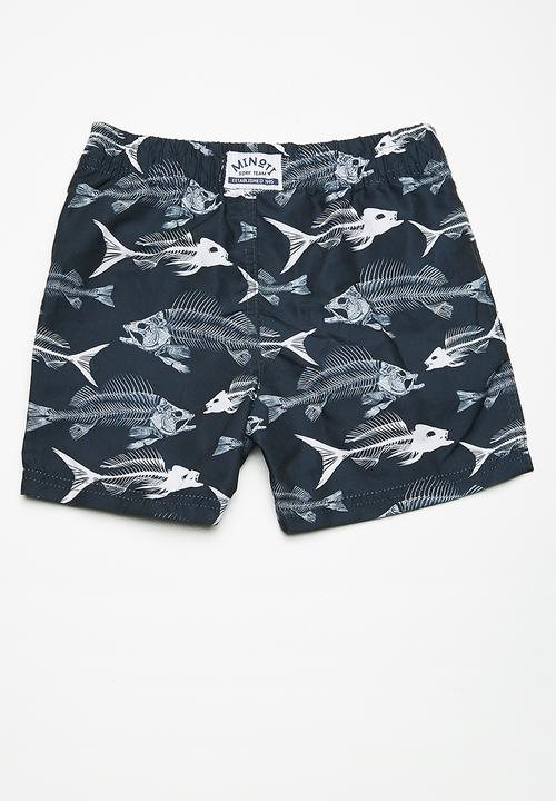 MINOTI - Kids boys AOP fish swim shorts - navy & white