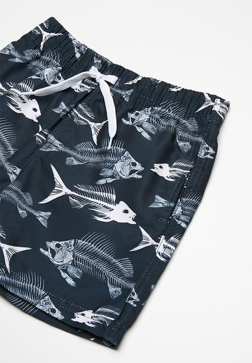 MINOTI - Kids boys AOP fish swim shorts - navy & white