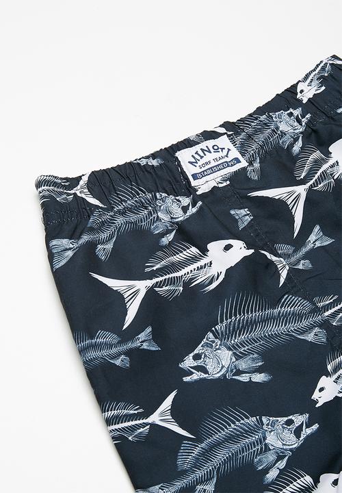 MINOTI - Kids boys AOP fish swim shorts - navy & white