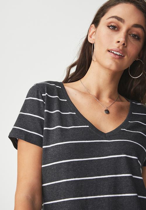 Cotton On - Deep v -wide stripe tee - charcoal