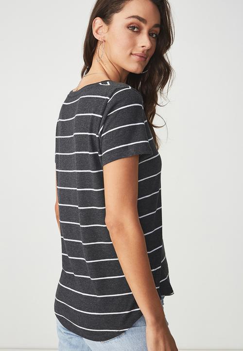 Cotton On - Deep v -wide stripe tee - charcoal