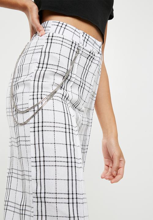 Missguided - Check print chain wide leg trousers - white & black 