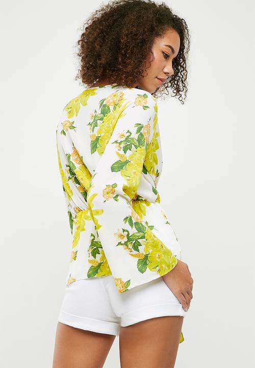 Missguided - Floral drape front plunge blouse - white & yellow