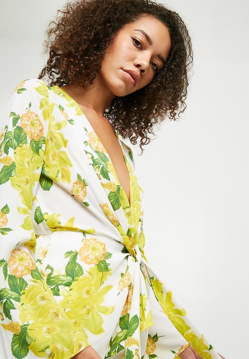 Missguided - Floral drape front plunge blouse - white & yellow