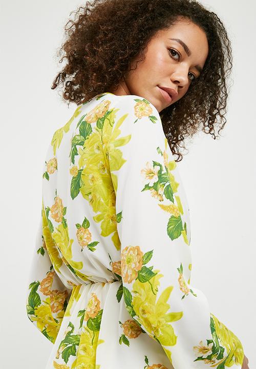 Missguided - Floral drape front plunge blouse - white & yellow