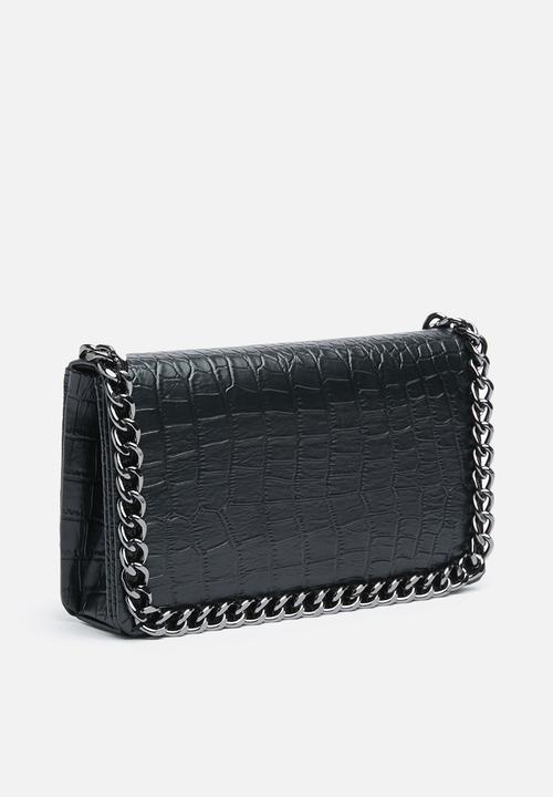 Missguided - Chain faux leather trim croc cross body bag - black