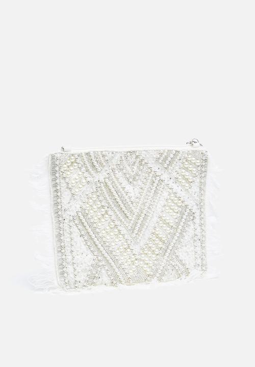 Missguided - Pearl fringe clutch bag - white 