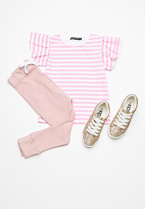 Superbalist - Kids girls  ruffle sleeve top - pink & white 