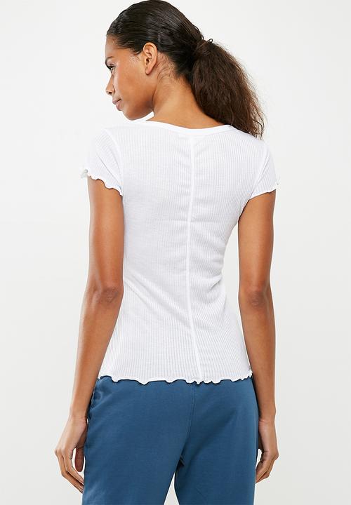Missguided - Lettuce hem popper front rib top - white