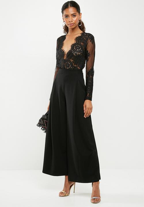 Missguided - Long sleeve lace plunge bodysuit - black