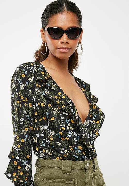 Missguided - Floral frill front wrap bodysuit - multi