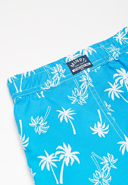 MINOTI - Kids boys palm tree swim shorts - blue & white 