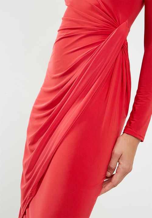 Missguided - Slinky twist front asymmetric split hem midi dress - red 