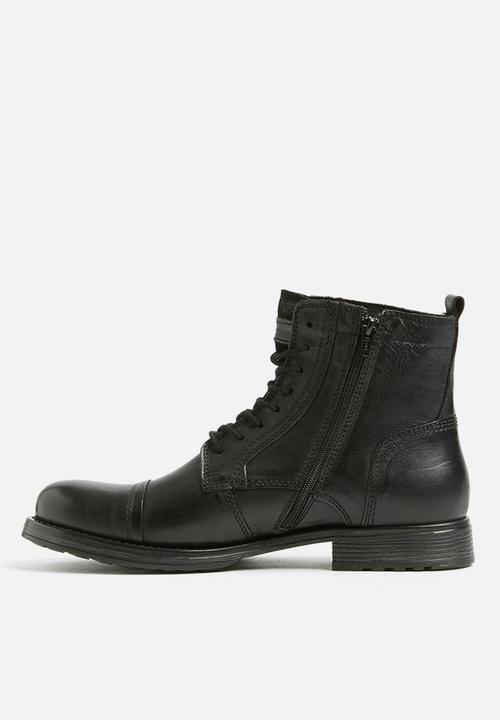 Jack & Jones - Russel leather military boot - Black