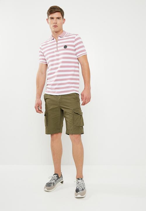 Jack & Jones - Atlas zip stripe polo - pink & white 
