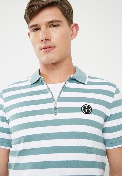 Jack & Jones - Atlas zip stripe polo - green & white 