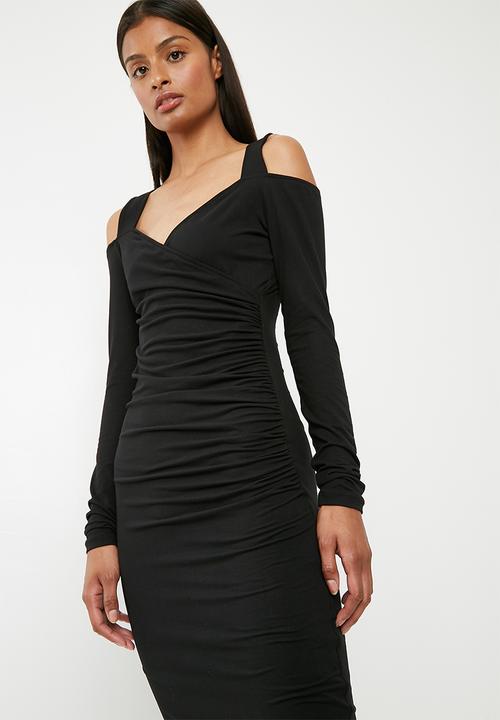 Superbalist - Cold shoulder wrap front bodycon dress - black 
