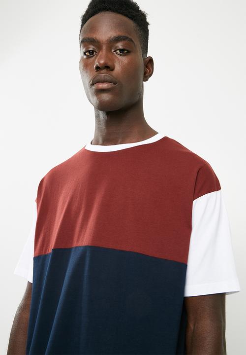 Superbalist - Loose fit colour-blocked tee - navy & burgundy
