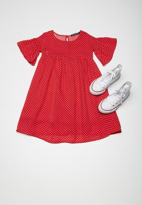 Superbalist -  Fluted sleeve dress - red & white 