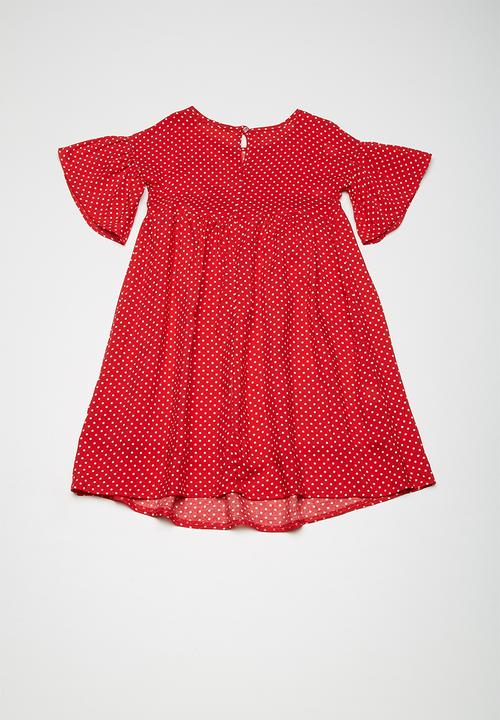 Superbalist -  Fluted sleeve dress - red & white 