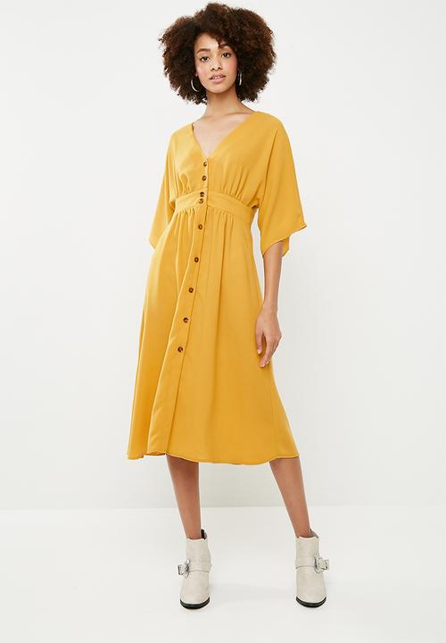 yellow button down midi dress