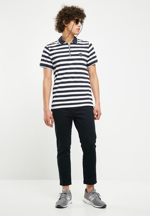 Jack & Jones - Atlas zip stripe polo - navy & white 
