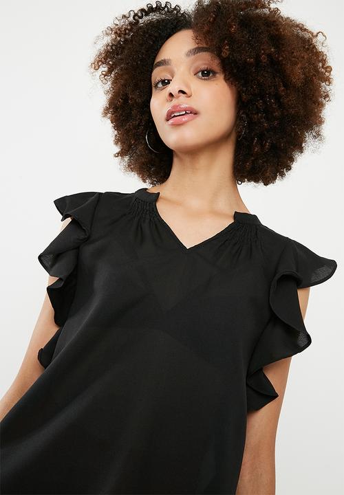 Vero Moda - Violet short sleeve flounce top - black