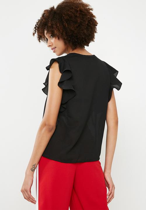 Vero Moda - Violet short sleeve flounce top - black